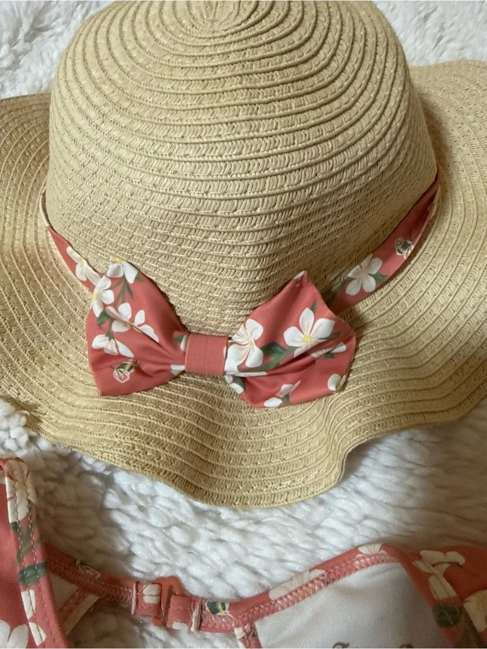 Tommy Bahamas Coral Floral Ruffle One-Piece Swimsuit with sun hat